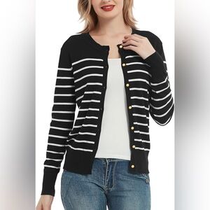 Black & White Striped Button-Front Cardigan Sweater | Gold Buttons | Large NWT!